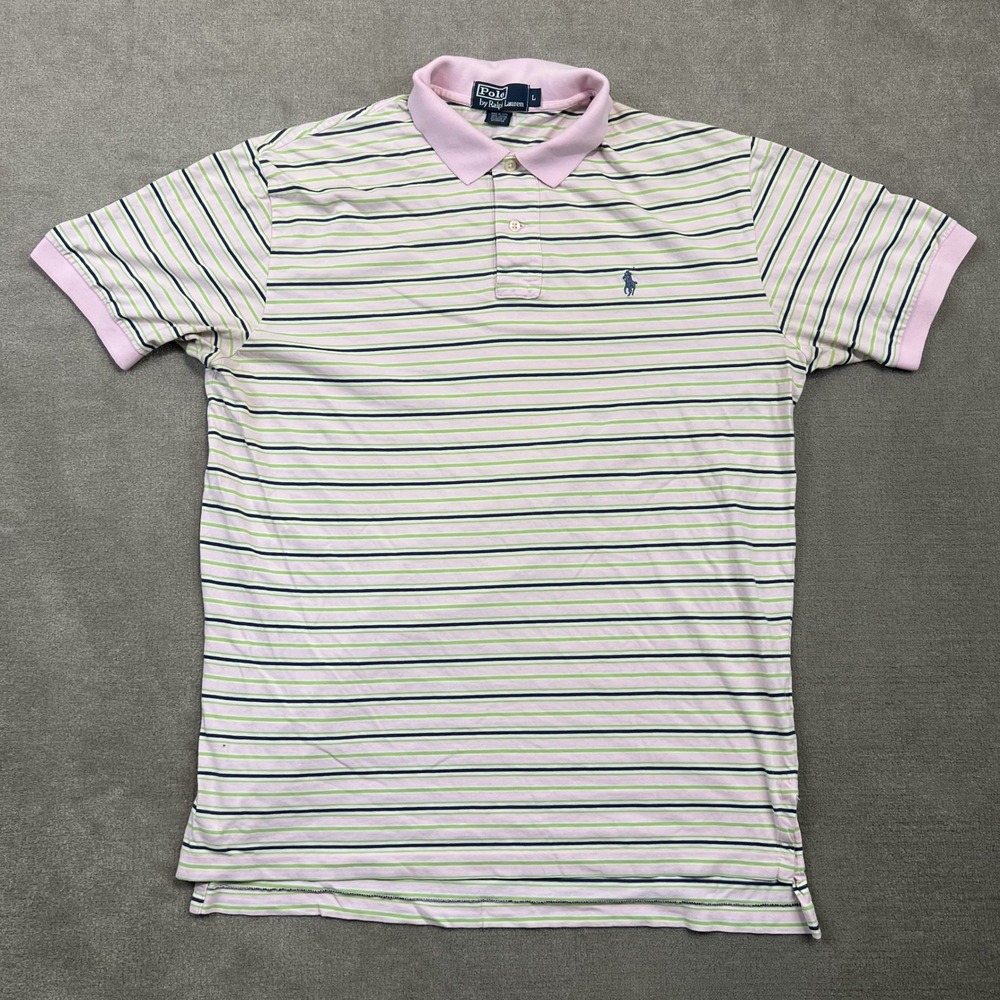 Polo Ralph Lauren Polo Shirt Mens Large Pink Green Striped Cotton Short Sleeve L
